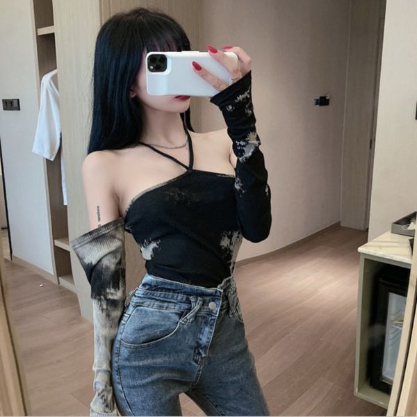 

2020s new design sense halter off-shoulder tie-dye t-shirt womens off-shoulder collar backless short slimming top, White