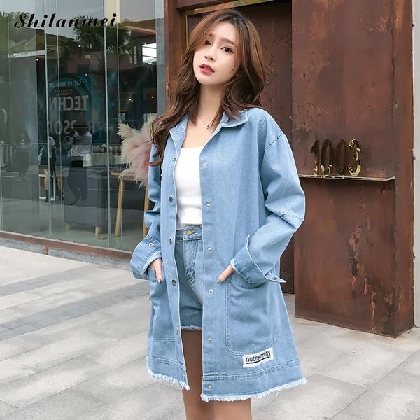 

bf wind autumn and winter women denim jacket 2018 vintage harajuku causal loose female long jeans coat solid slim chaquetas, Black;brown