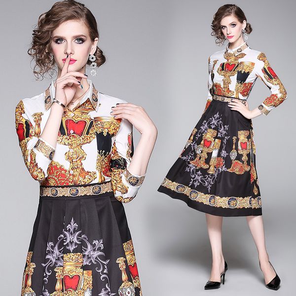 

runway designer elegant dress women floral printed long sleeve lapel neck party prom ladies dress pleated office button shirt dresses, Black;gray