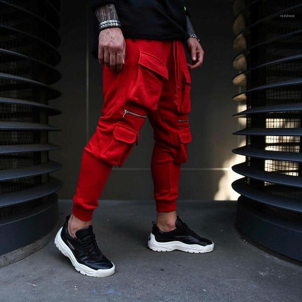 

pockets zipper slim leggings skinny hip hop pocket autumn winter mens cargo pants solid color with more, Black