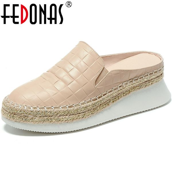 

fedonas shallow genuien leather women mules 2020 spring summer platforms wedged flats concise working office lady shoes woman, Black