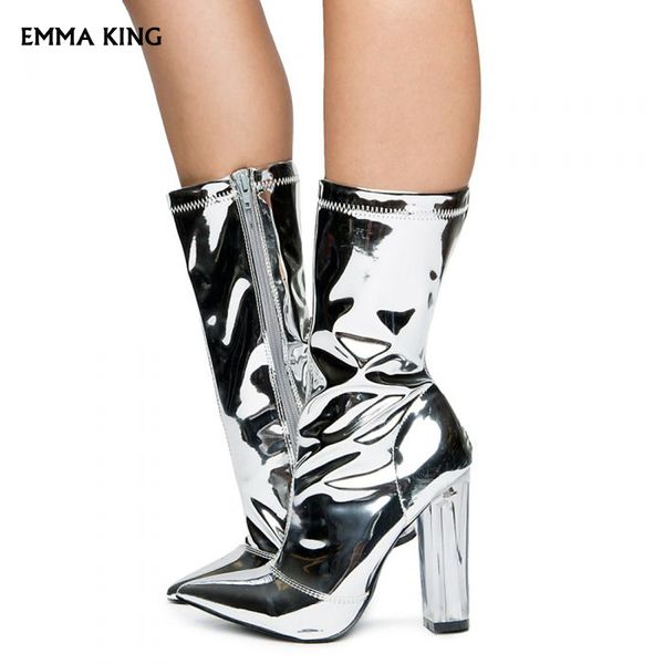 

new women's high heel boots silver 2019fashion ankle boots for women chunky clear heel pointed toe zip shoes women ing, Black
