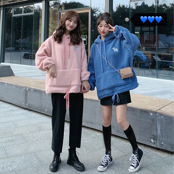 

p shoot ~ 2019 autumn and winter korean-style retro hooded coat fleece lamb plush hoodie women's, Black