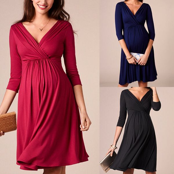 

women stretch 3/4 sleeve maternity v neck evening party flared formal midi dress, Black;gray