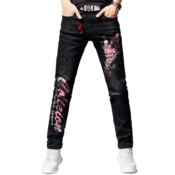 

embroidery printed high street fashion mens jeans butterfly letter painted black designer skinny hip hop jeans stretch denim, Blue