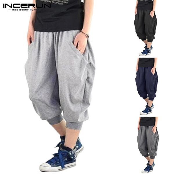 

incerun plus size trousers men casual solid loose calf-length harem pants bodybuilding workout joggers men women sweatpants 2019, Black