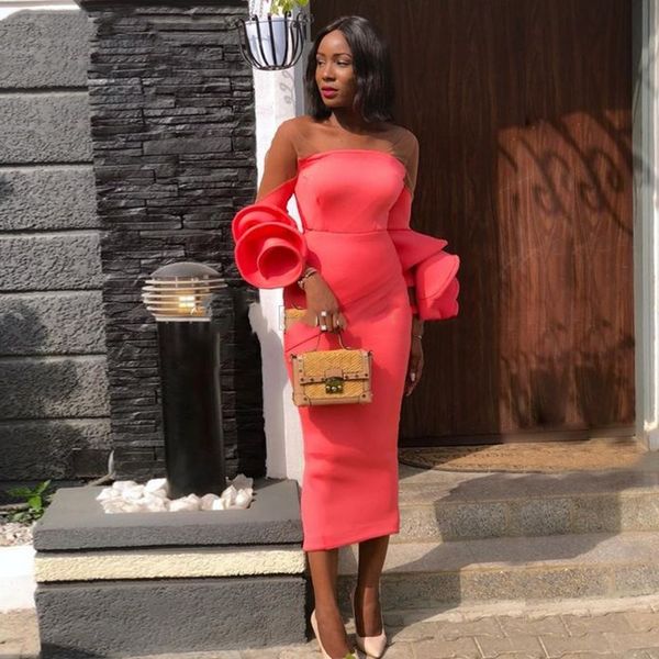 

elegant strap evening dress short coral satin flare long sleeves celebrity dresses red carpet african party dress, Black;red