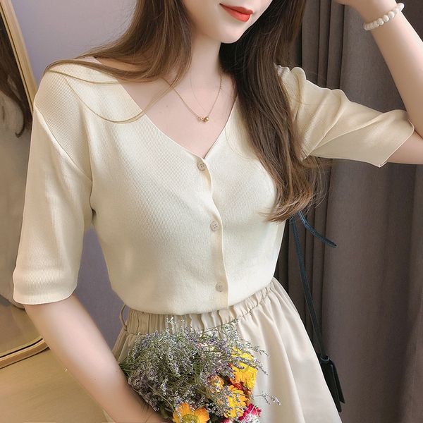 

2020 ice silk coat t-shirt t-shirt women's loose solid color western style artistic style thin knitted cardigan women, White