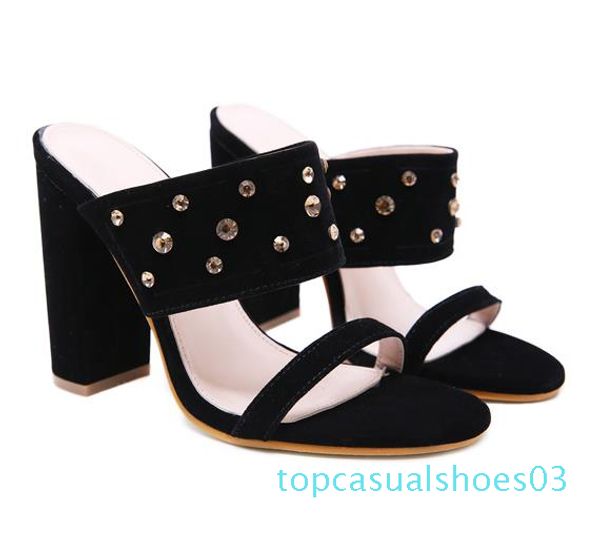 

горячих продажи- замши заклепки ремешка блока пятка тапочки женщин дизайнера горки сандалии размер 35 к 40 t33, Black