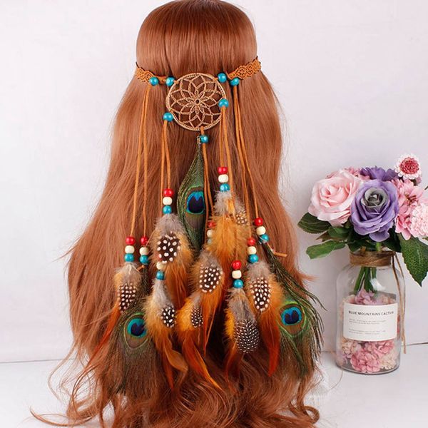 

new bohemian hippie headband dream catcher feather headdress fashion long tassel peacock feather headbands hair accessories, Golden;white