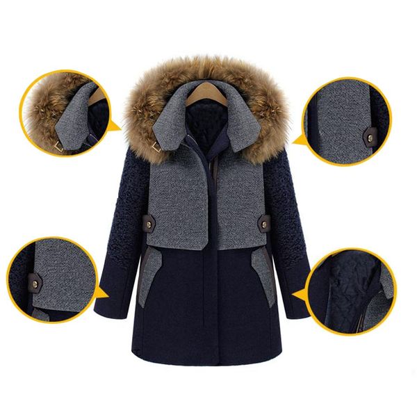 

polto female autumn wool coat women winter warm patchwork hooded pocket coat jacket trench outwear overcoat, Black