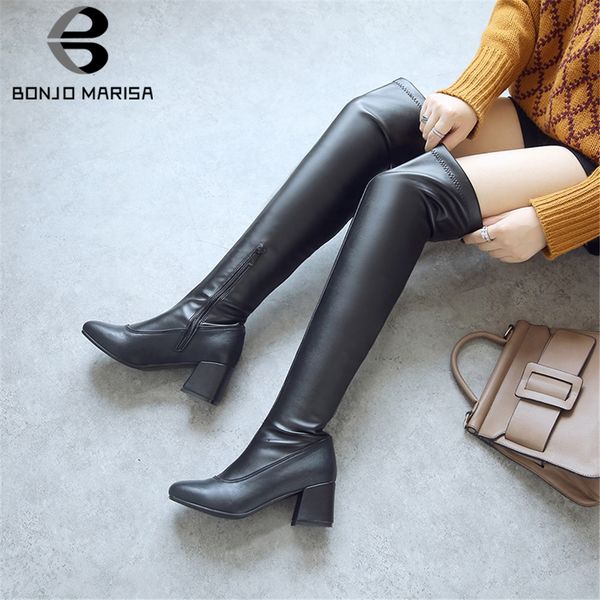 

bonjomarisa plus size 32-46 ladies elegant over the knee knight boots women 2019 thigh high boots high chunky heels shoes woman, Black
