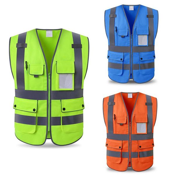 

high visibility reflective multi pocket safety vest front zipper reflective stripes jacket night running riding waistcoat, Black
