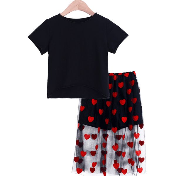

girls solid t-shirt + love pattern yarn skirt 2pcs for children 2020 girls clothing sets summer travel package fashion clothing, White
