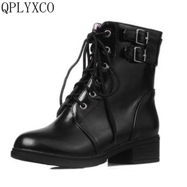 

qplyxco new sale big size 34-43 ankle boot short fashion women lace up heel shoes winter boots warm zapatos mujer shoes b65a, Black