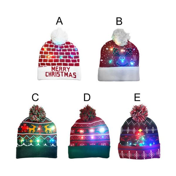 

led christmas happy new year knitted hats light-up xmas knit beanie adults cap