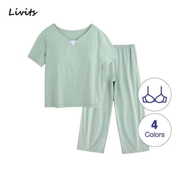 

women's pajamas sets built-in bra modal elastic short sleeve pyjamas sleepwear nightwear loungewear casual for female, Blue;gray