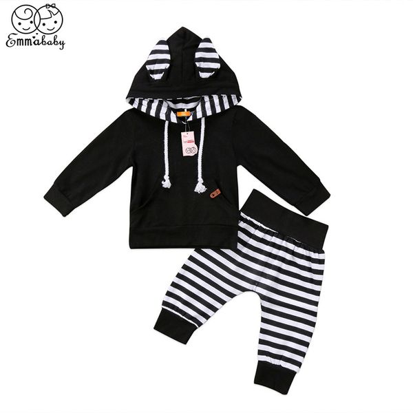 

lovely toddler newborn kids baby boys girls outfits clothes 2pcs set cotton soft color patch hooded pullover shirt striped pants, Pink;blue