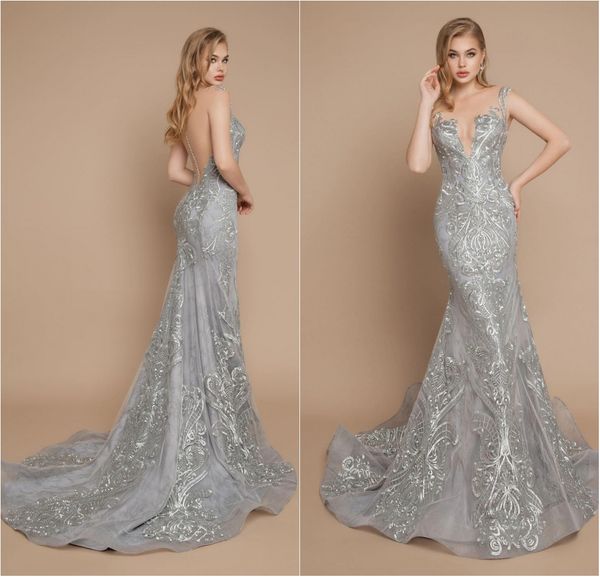 Nuovo arrivo 2020 Mermaid Prom Dresses Pizzo Appliqued Perline Sheer V Neck Abiti da sera Sweep Train Formal Party Second Gowns