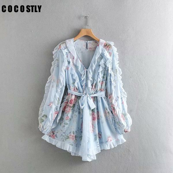 

summer jumpsuits blue floral print chiffon rompers ruffles long sleeveles vintage boho women playsuits party playsuit, Black;white