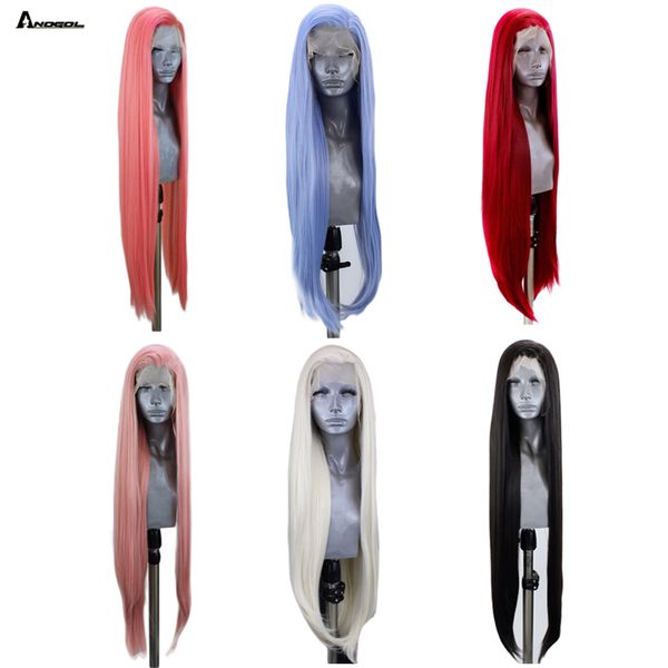 

anogol strawberry pastel- pink high temperature fiber long natural straight synthetic lace front wigs for white women, Black