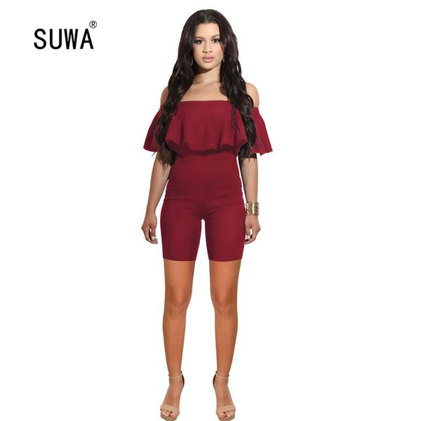 

women solid slim fitness rompers summer off shoulder ruffles bodycon jumpsuit shorts bodysuit, Black;white