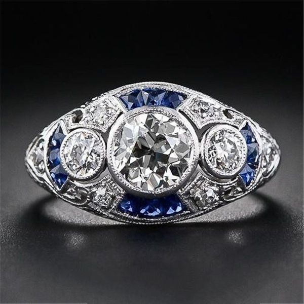 

925 anillos silver retro court full cubic zirconia ring for women ladies elegant blue crystal rings banquet sapphire jewelry, Golden;silver