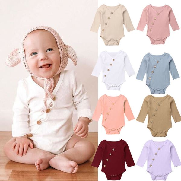 

2019 baby autumn clothing newborn infant baby boy girl ribbed knit jumpsuit long sleeve solid color v neck bodysuit outfit 0-24m, Blue