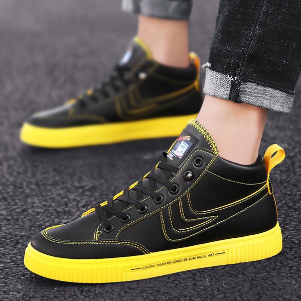

m- england autumn men's shoes leather breathable casual high to help wild solid color personality outdoor street men's shoes, Black