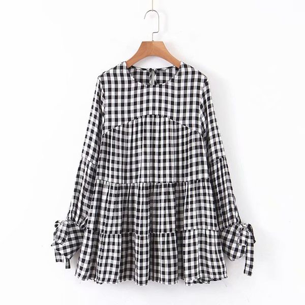 

women fashion o neck plaid print casual loose smock blouse autumn ladies pleats shirts chic femininas kimono blusas ls4385, White