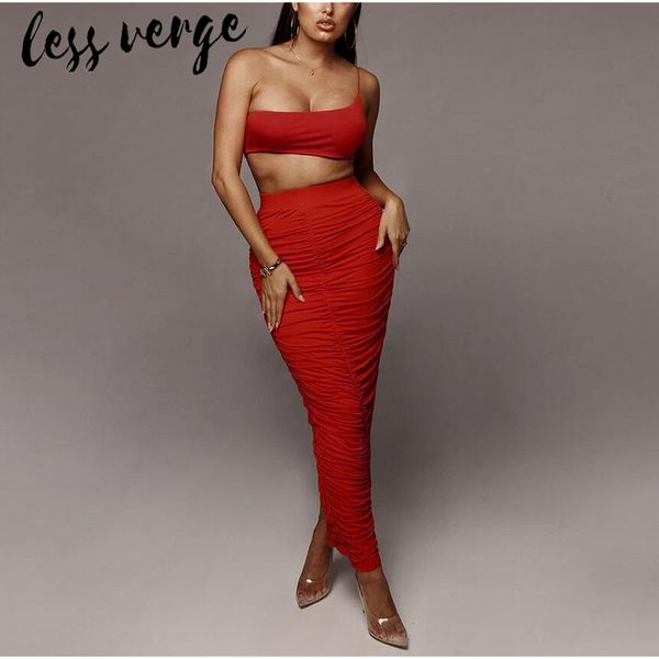 

lessverge red 2 pieces set women outfits sleeveless cropped camis long skirt women autumn two pieces matching mujer, White