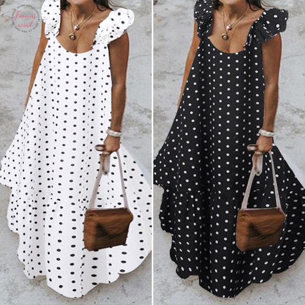 

2020 summer leopard sundress women ankle length bohemian polka printed maxi dress casual female sleeveless robe long ruffles vestidos, Black;gray
