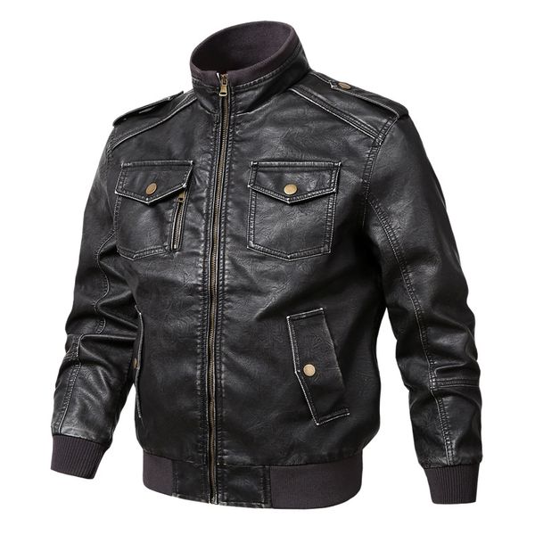

sfit men's faux leather jacket autumn winter motorcycle biker jacket men zipper coats multi-pocket waterproof outwear, Black