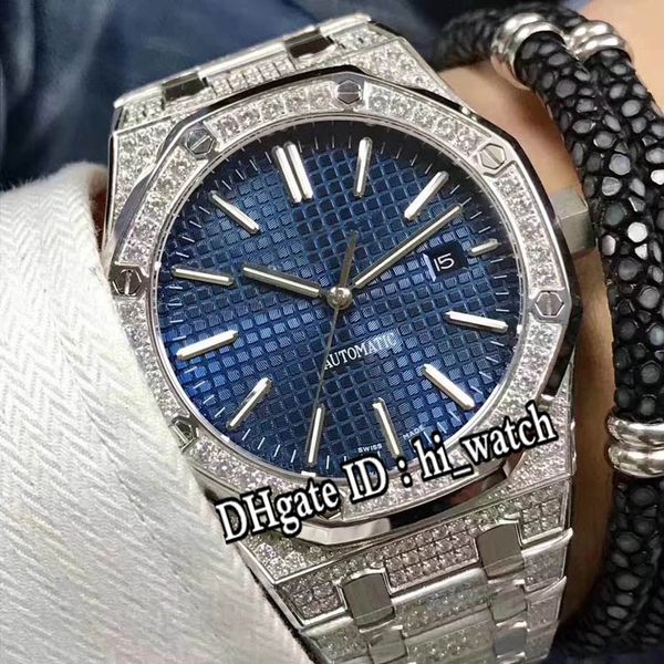 

version 41mm twf royal steel case all diamond blue texture dial eta cal.3120 automatic mens watch silver diamond band 15400st a398c3, Slivery;brown