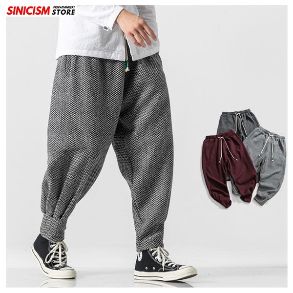 

sinicism store men winter thicken wool harem pants men's chinese style warm oversize trousers male 2019 japan casual plaid pant, Black