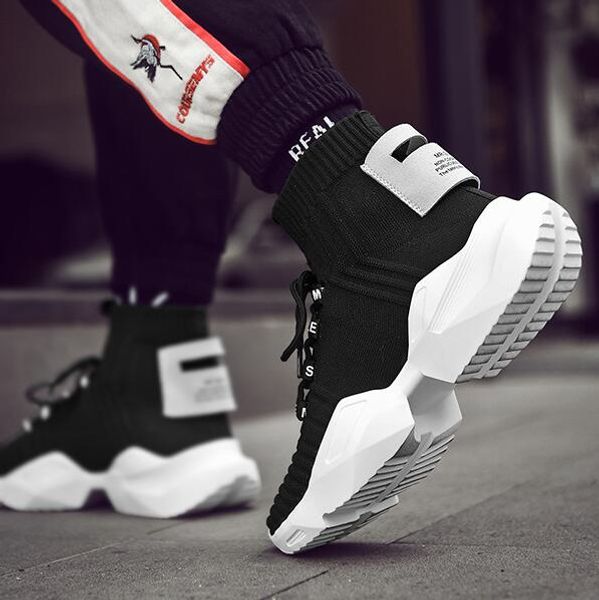 

designer 2019 autumn and winter men's shoes new luxury high help socks shoes trend wild men casual running shoes ing, Black