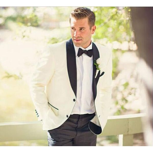 

two button ivory groom tuxedo men suit shawl lapel groomsmen wedding prom dinner mens suits (jacket+pants, White;black