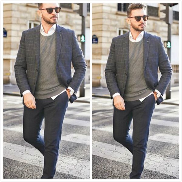 Bahar Gri Ekose Erkek Damat Düğün Suits kontrol Damat İki Düğme Peaked Yaka Biçimsel Çalışma Balo Ofisi Blazer Ceket (Ceket + Pantolon)