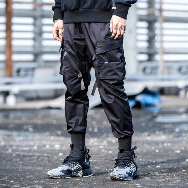 

2019 western style men hip hop pants multi pocket fashionable casual cargo pants men streetwear ribbons joggers trousers, Black