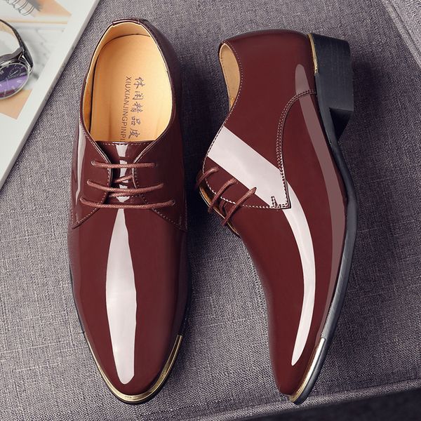 

2020 autumn men's business suit leather shoes pointed wedding shoes for men oxfords patent leather men flat dress formal, Black