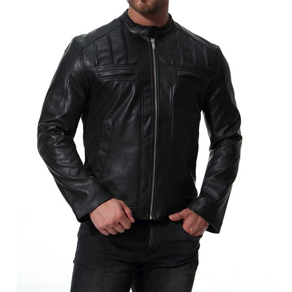 

ouma 2019 new style men locomotive stand collar leather coat europe and america fashion handsome leather jacket coat xb035, Black
