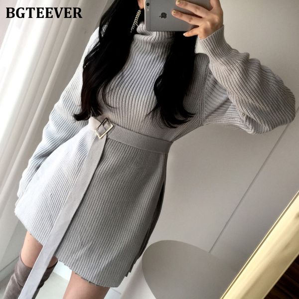 

bgteever 2019 winter vintage turtleneck mid-long knitted sweaters agraffe lace-up slim waist side slit women pullovers jumpers, White;black