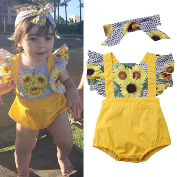 

baby girls patchwork sunflower clothing newborn girls ruffles romper jumpsuit outfit clothes, Blue