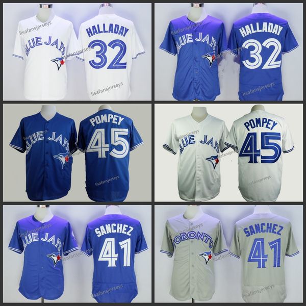 

wholesale mens 32 roy halladay 41 aaron sanchez 45 dalton pompey baseball jerseys embroidered stitched button jersey, Blue;black