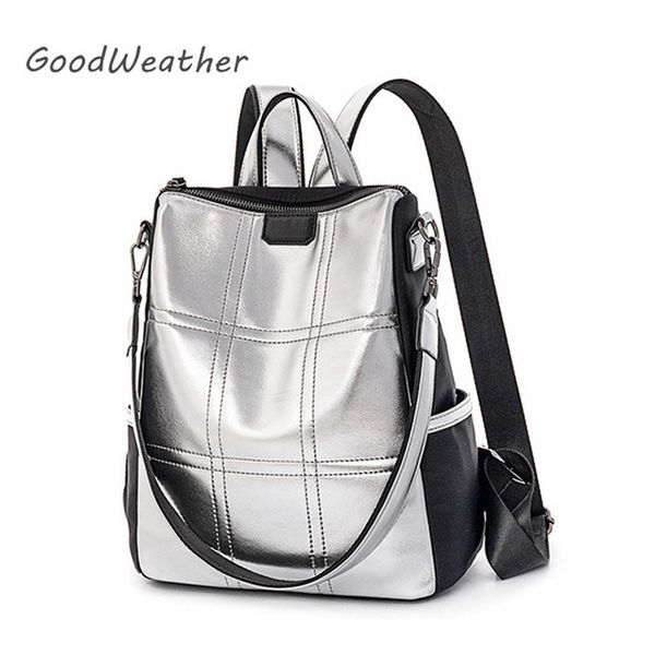 

fashion women backpack shoulder bag with strap silver leather backpacks for travel backpack woman
