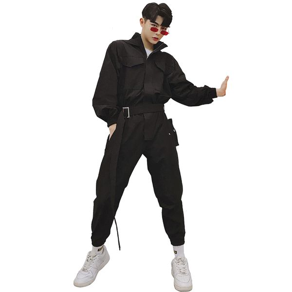 

men fashion streetwear hip hop harem pant overalls male casual long sleeve hooded jumpsuit pant tooling cargo trousers, Black