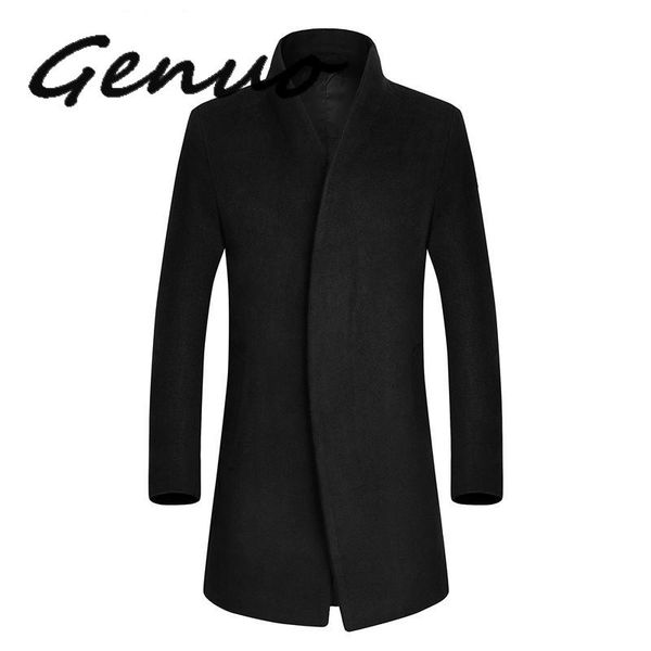 

genuo new 2019 autumn winter mens long thicken wool coat business slim fit homme casual trench overcoat high quality, Black