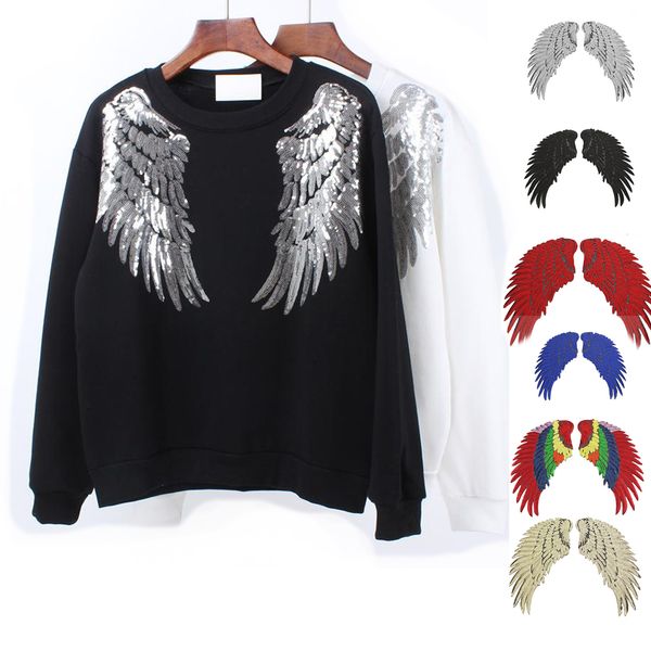 

new gold sequin patch diy angel wings iron on patches for clothes sew on embroidered patch applique stickers 7 colors quality, Black
