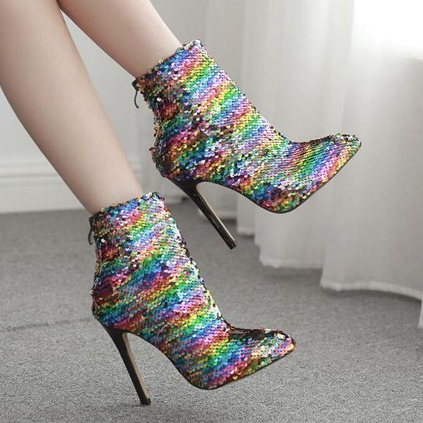 

women boots high heels boots female women's stiletto pointed sequins high heel shoes back zipper short booties#g3, Black