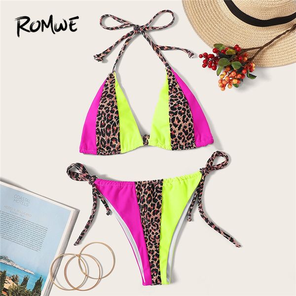 

romwe sport bikinis set color-block leopard halter with tie side bottoms swimwear women summer beach low rise swimsuit